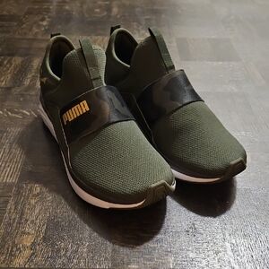 Puma Khaki Green Slip-On Shoes with Black Strap